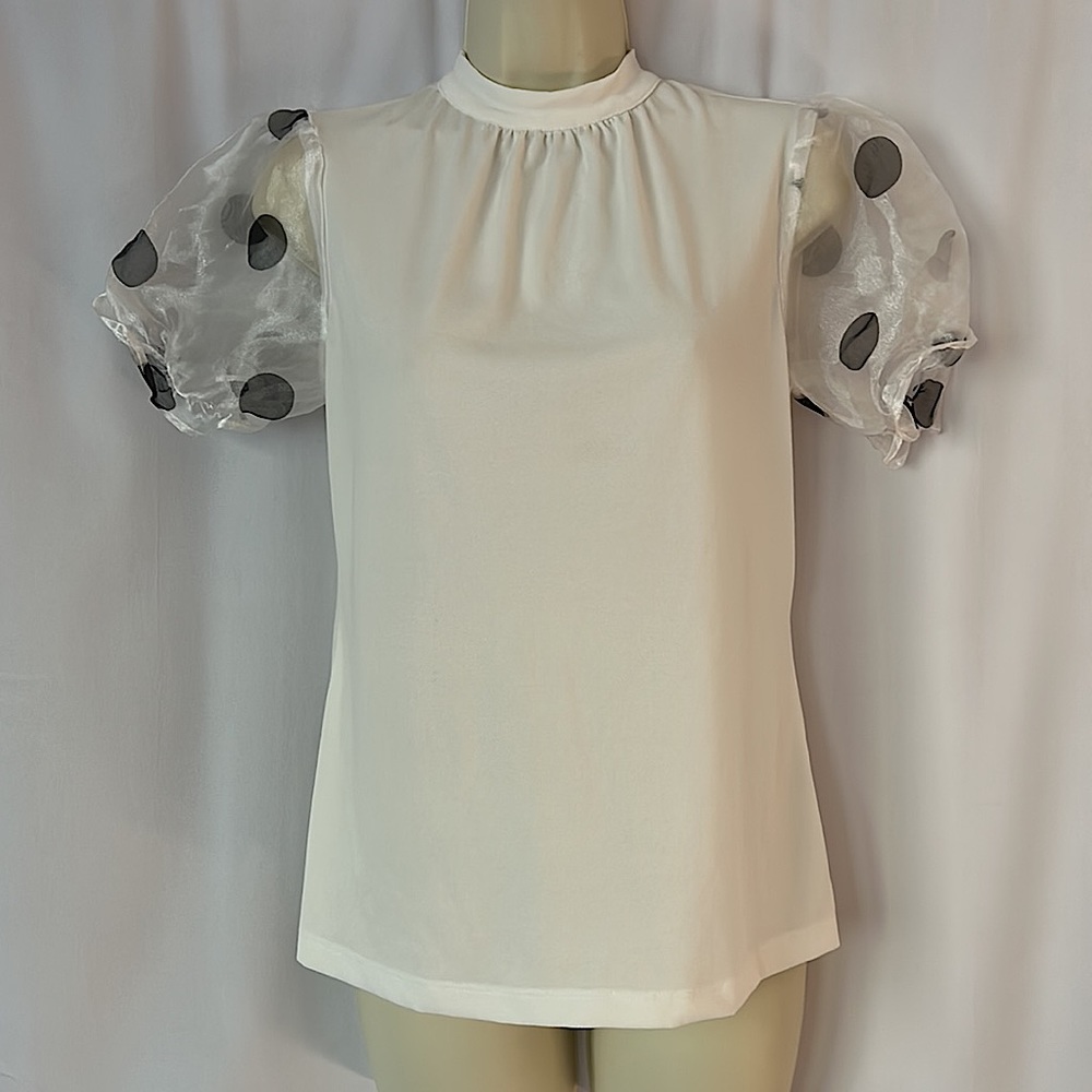 Luxology Classy White Polka Dot Puff Short Sleeve Shirt Top **Size S** - Picture 1 of 4